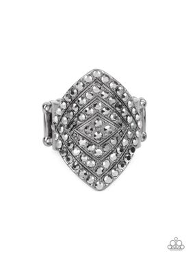 Plead Glitzy Black Ring Hematite Paparazzi Silver Marquise Crystal-Stud Ring